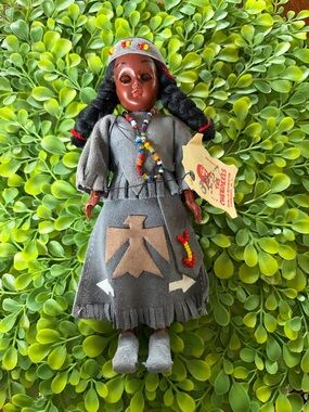 Vintage Cherokee Gray Fabric Doll with Colorful Beaded Necklace